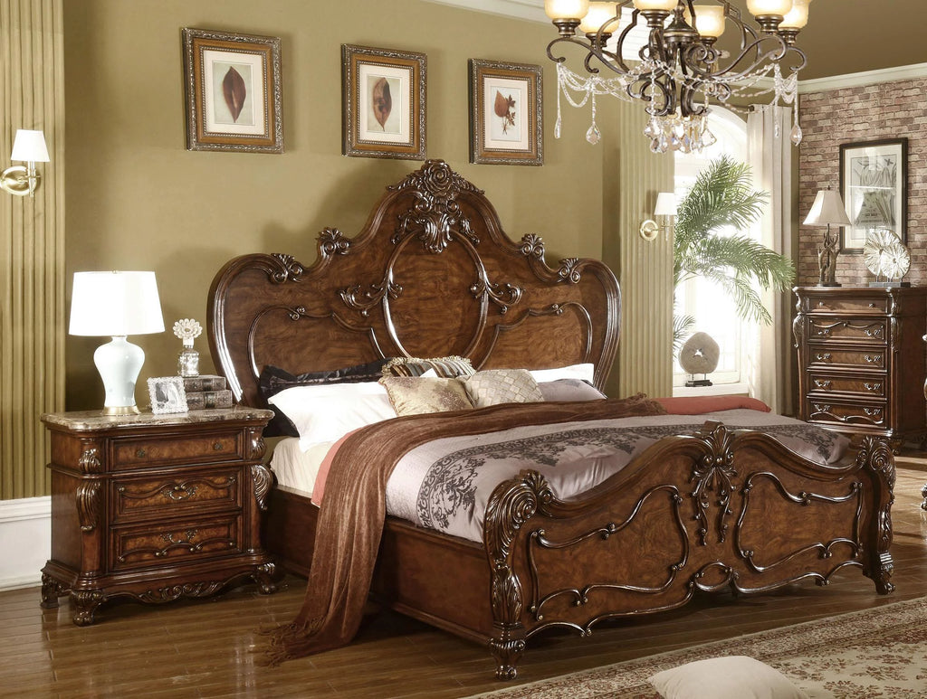Cherry Oak Carved Wood 3 Drawer Nightstand Set 2 R75782