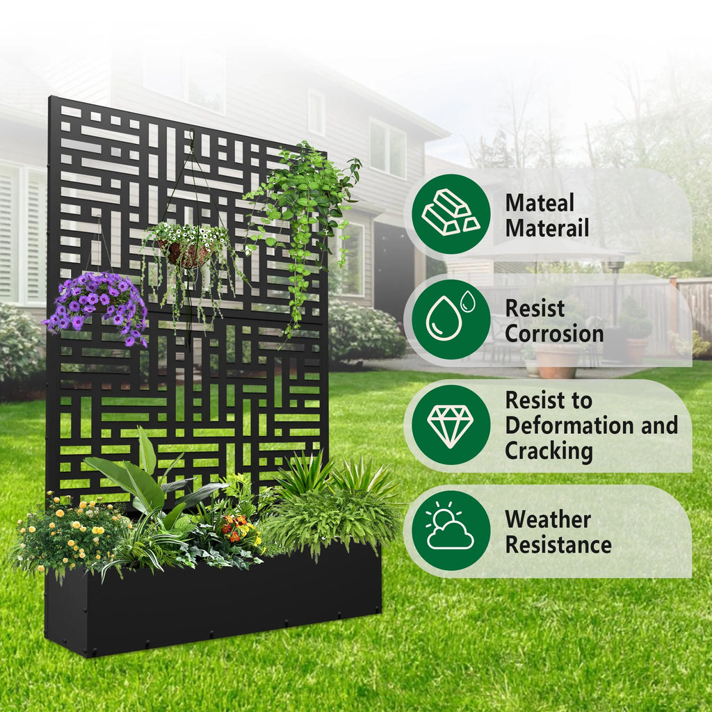 71'' Metal Planter with Trellis, Raised Garden Bed with Drainage Hole, Black D230697