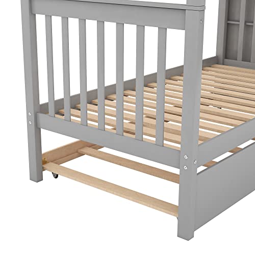 Gray Twin Over Twin Solid Wood Bunk Bed with Stairs and Trundle P711