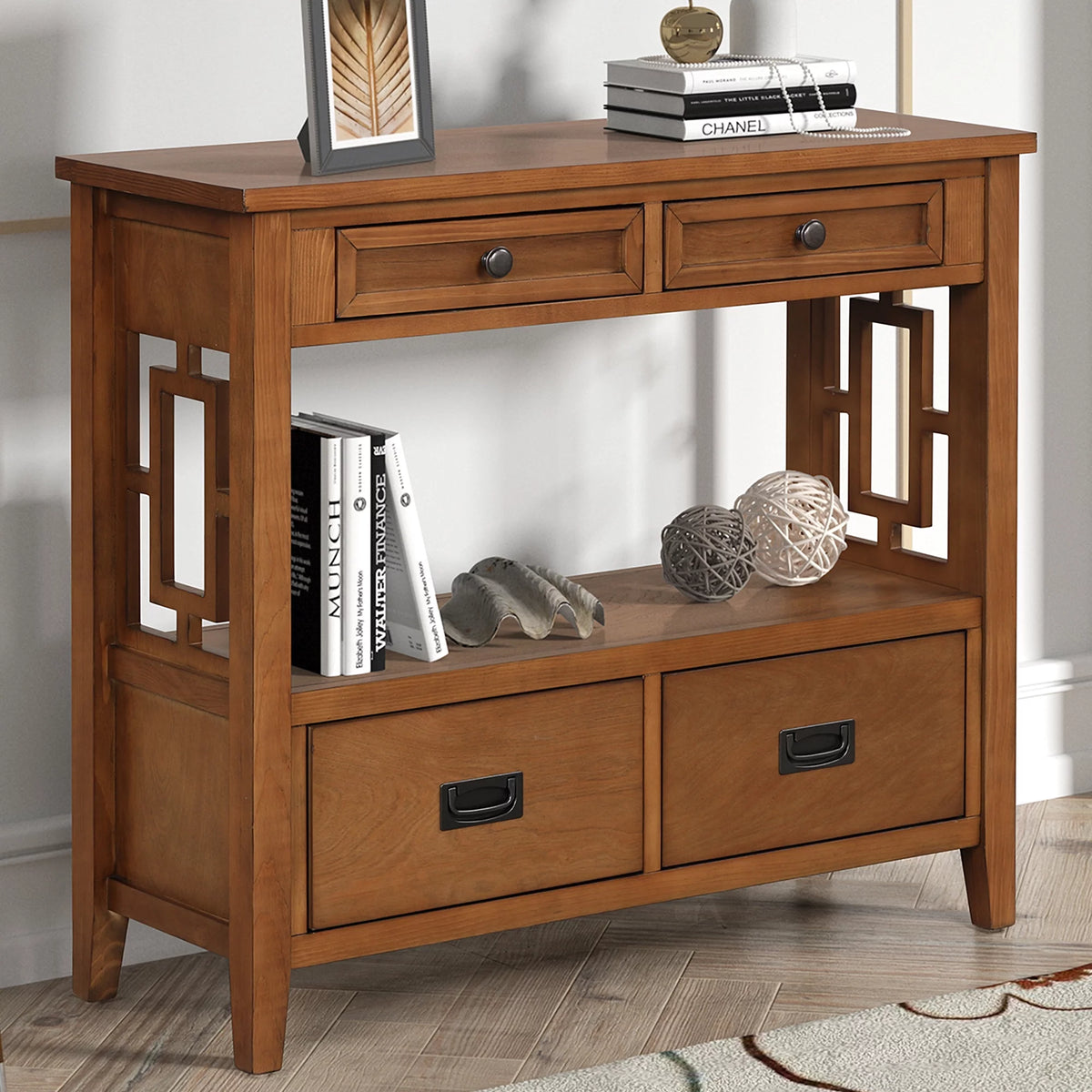 36'' Pine Wood Console Table with 4 Drawers & 1 Storage Shelf V87049