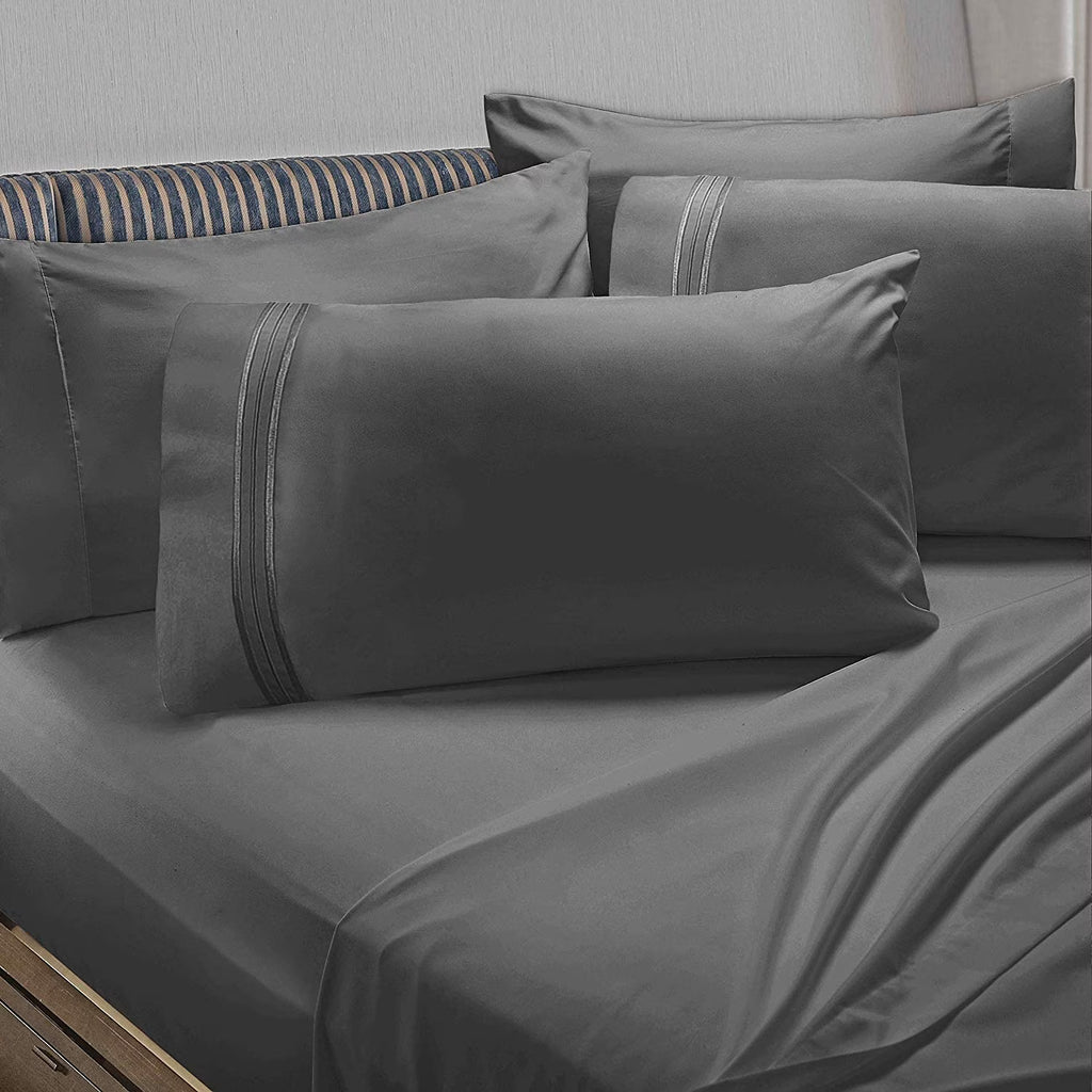 6 Piece Full XL Microfiber Bed Sheet Set with Extra Pillowcases, Deep Pockets Fitted Sheet, Charcoal Stone Gray S8135