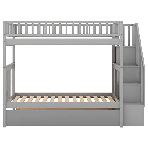 Gray Twin Over Twin Solid Wood Bunk Bed with Stairs and Trundle P711
