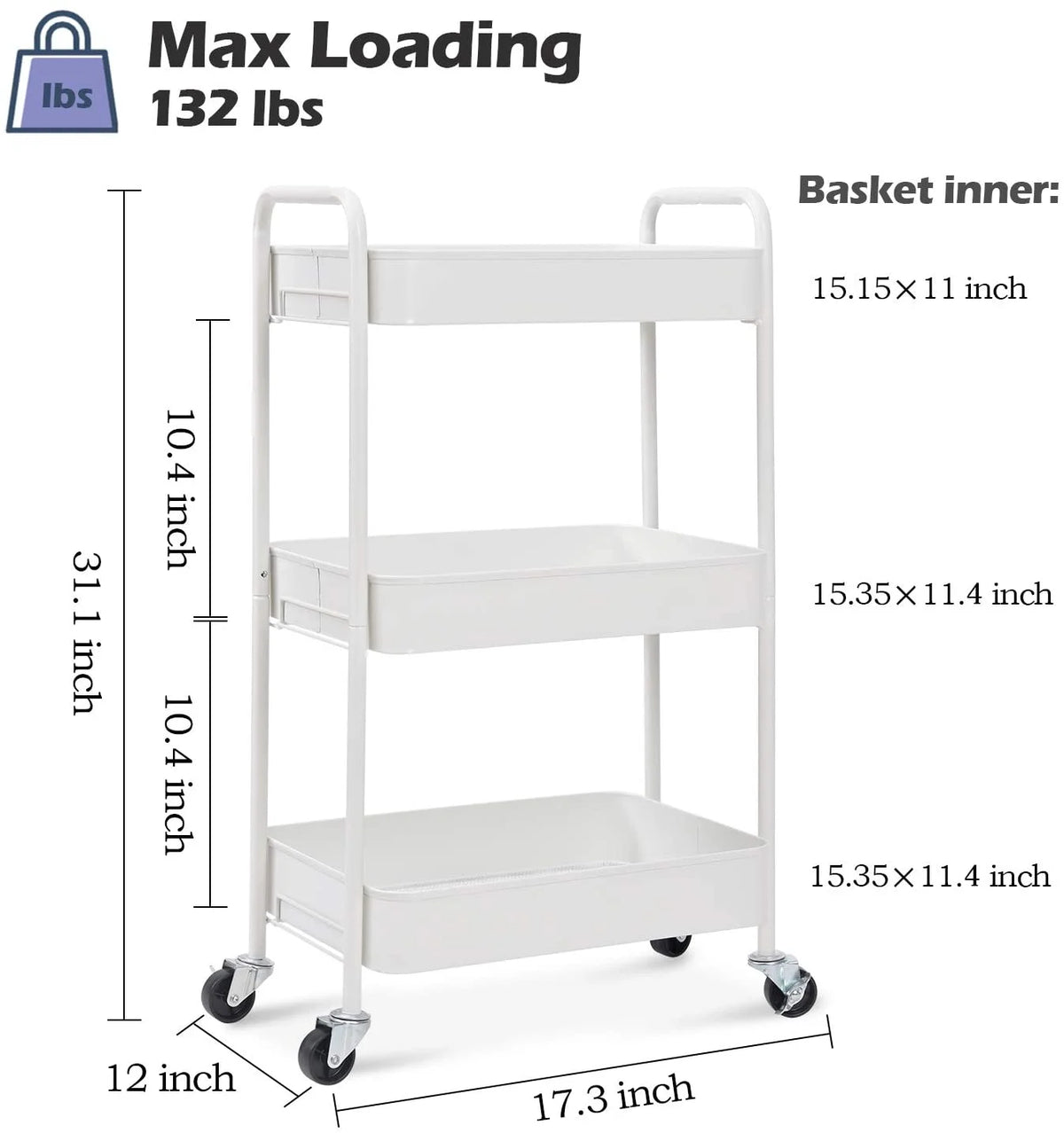 3-Tier Rolling Metal Utility Cart with Wheels, White X166554
