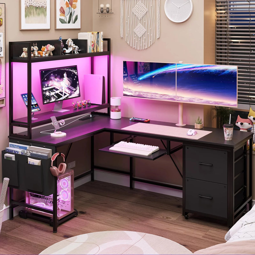 L Shaped Computer Desk with Power Outlet and LED Strip, Black E5590