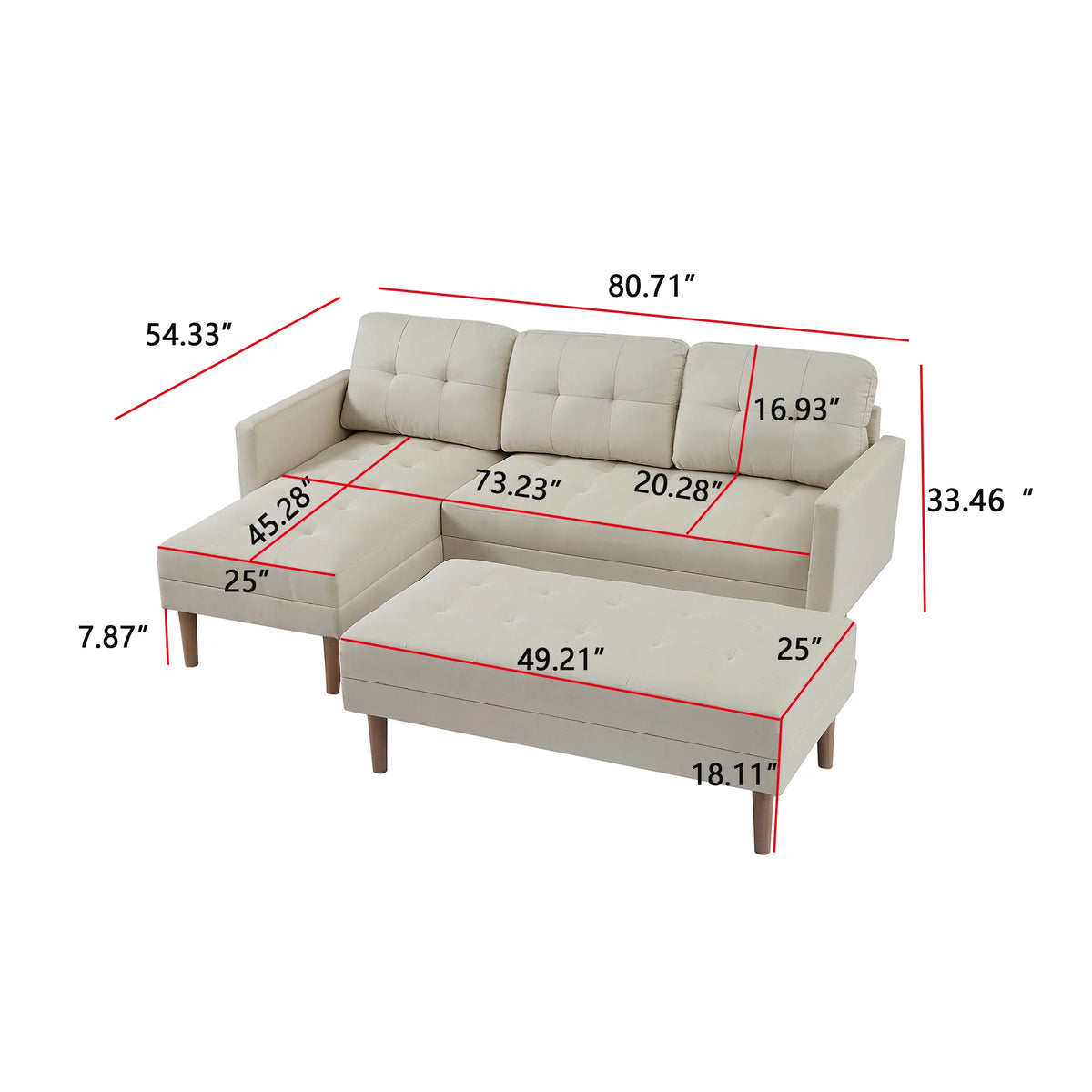 Beige L-shape Sectional Sofa Bed with Ottoman Bench J6114