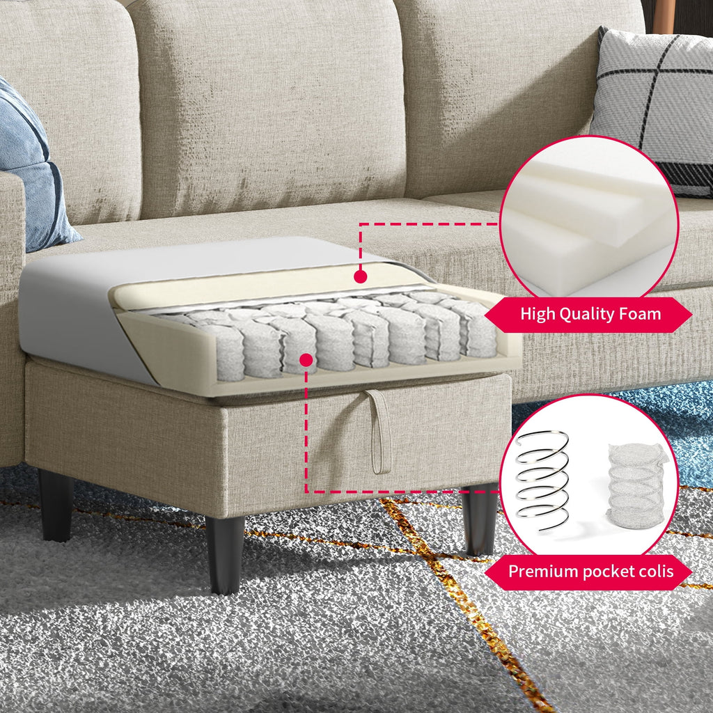 Beige Linen Sectional Sofa with Storage Ottoman W752