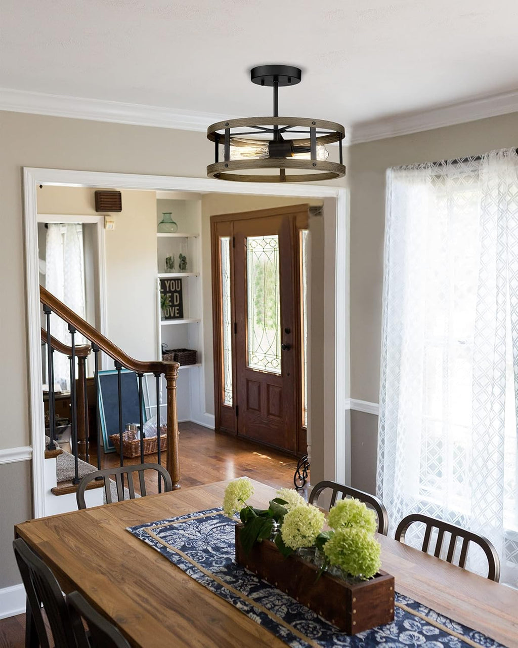 Farmhouse Semi Flush Mount Ceiling Lighting, 2-Light Metal Cage, 13 inches, Wood Grain and Matte Black Finish Z16118