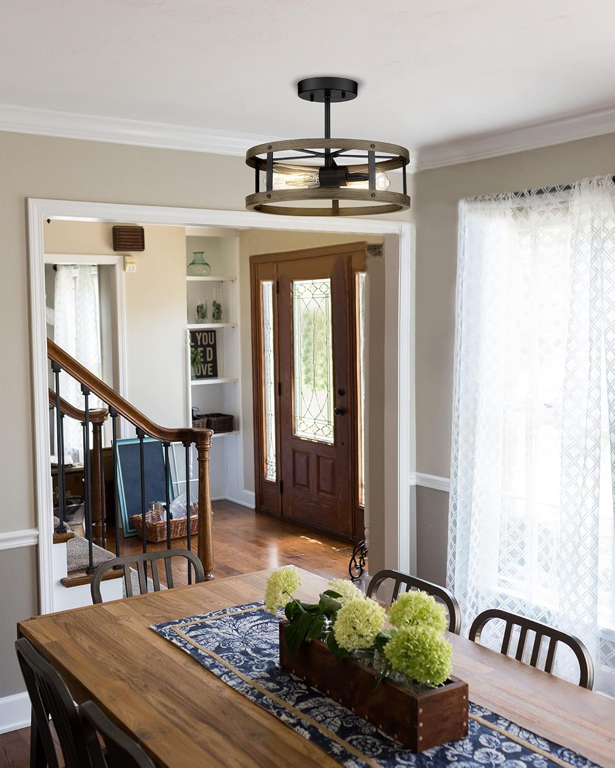 Farmhouse Semi Flush Mount Ceiling Lighting, 2-Light Metal Cage, 13 inches, Wood Grain and Matte Black Finish Z16118