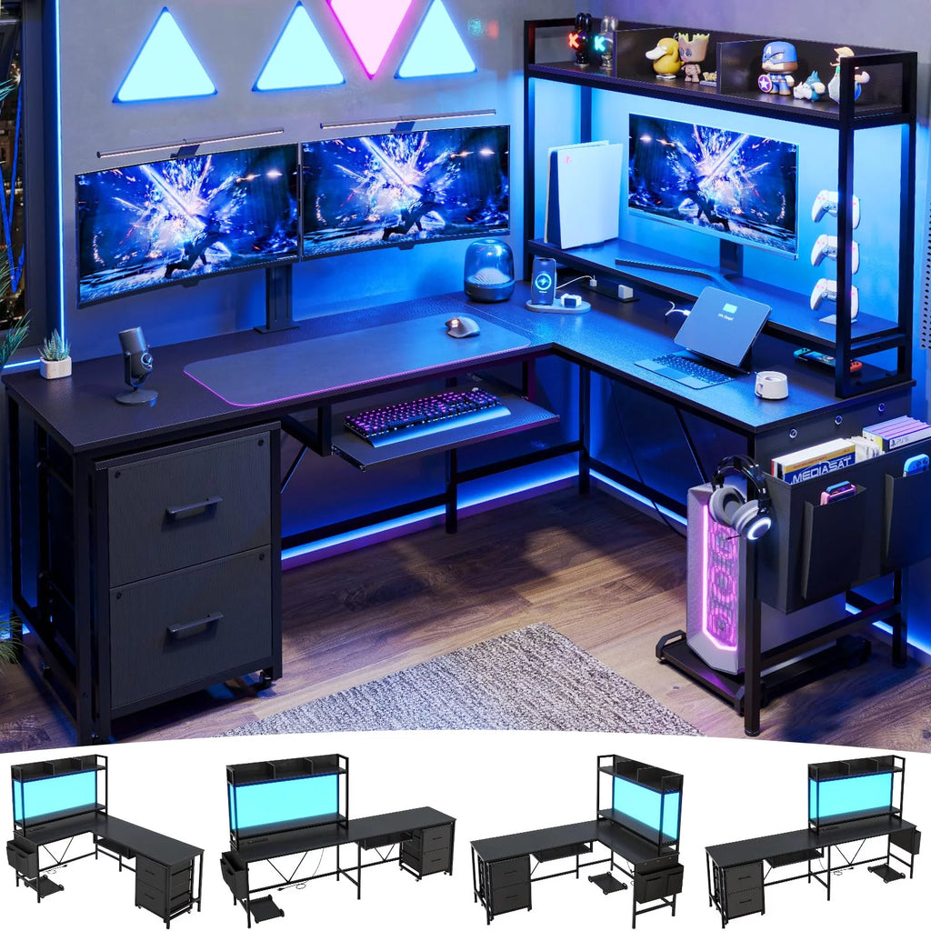 L Shaped Computer Desk with Power Outlet and LED Strip, Black E5590