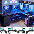 L Shaped Computer Desk with Power Outlet and LED Strip, Black E5590