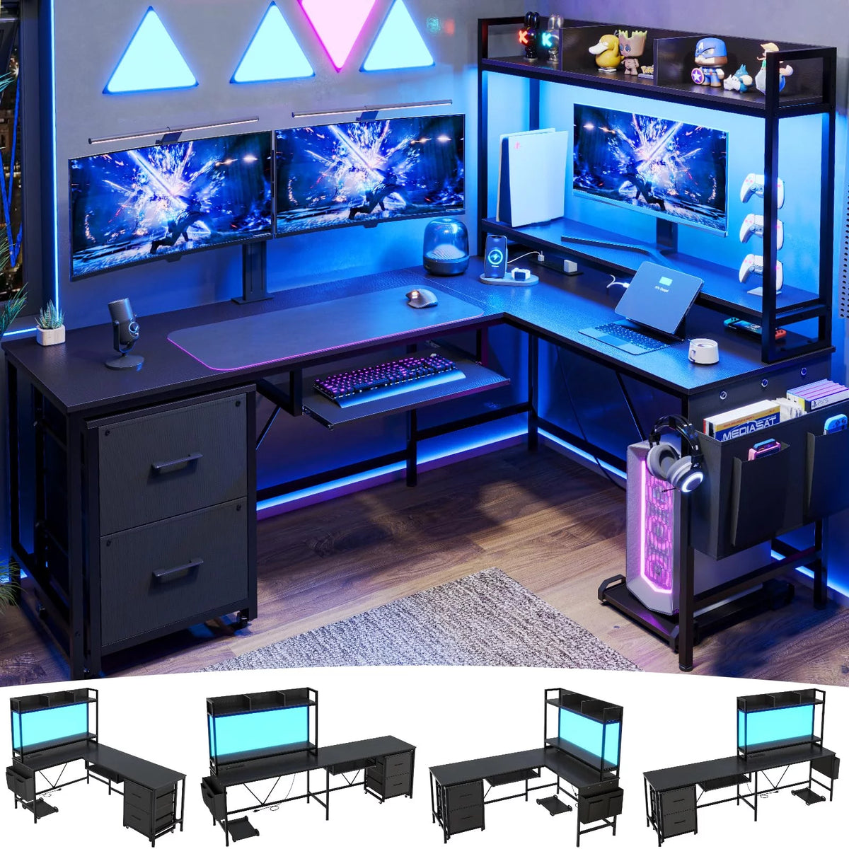 L Shaped Computer Desk with Power Outlet and LED Strip, Black E5590