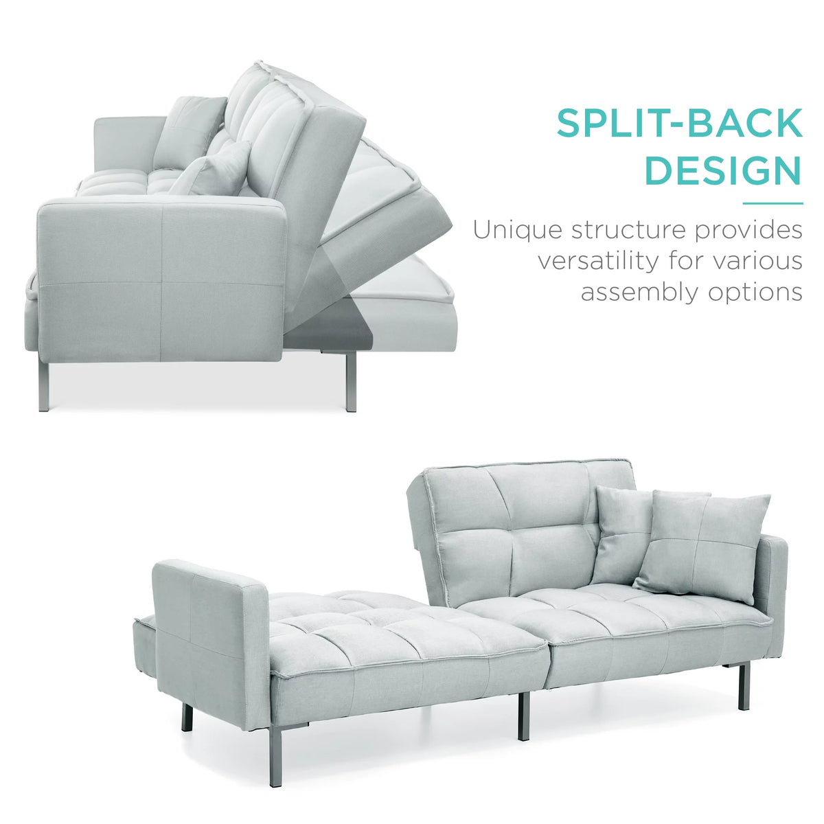 Light Gray Linen Fabric Tufted Split-Back Futon Sofa with 2 Pillows G4897