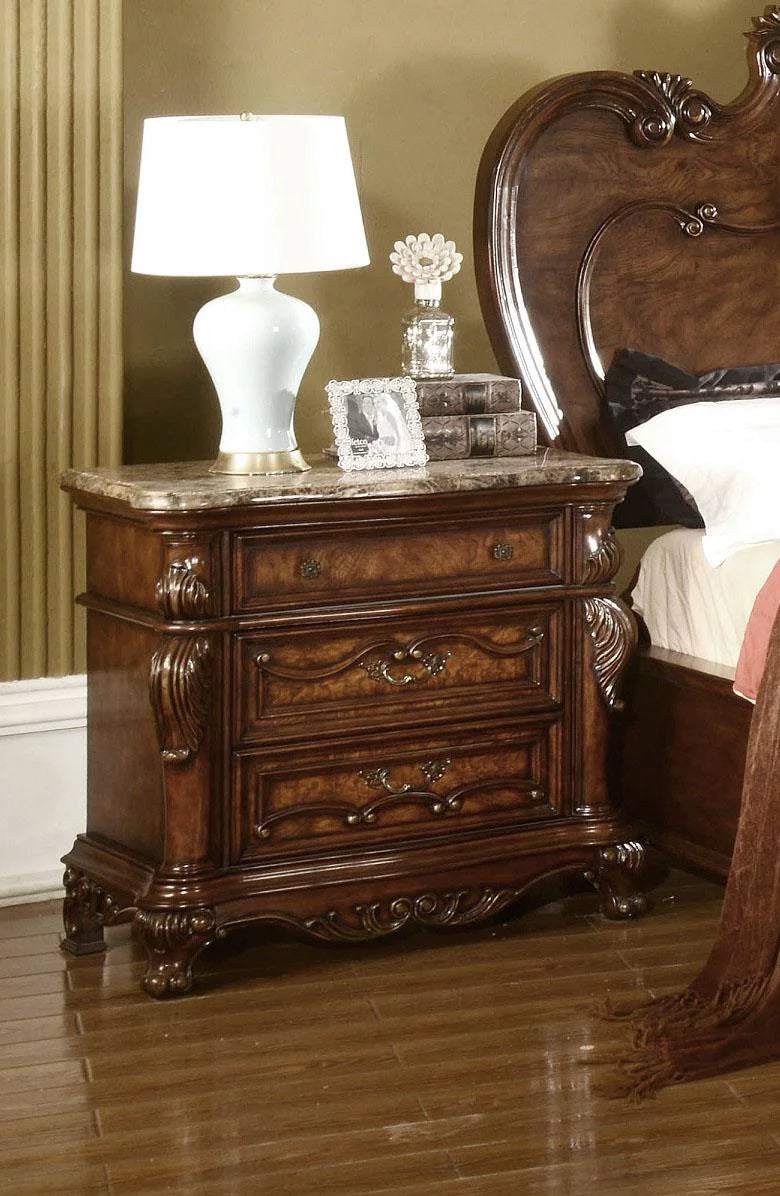 Cherry Oak Carved Wood 3 Drawer Nightstand Set 2 R75782