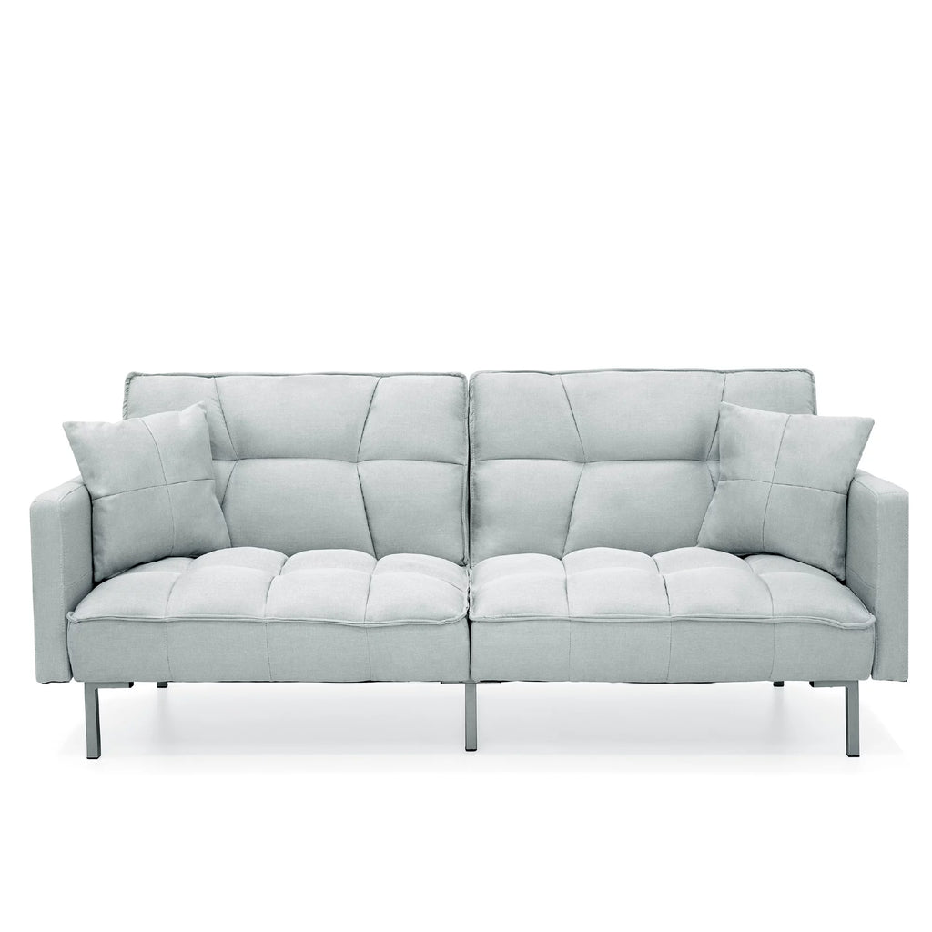 Light Gray Linen Fabric Tufted Split-Back Futon Sofa with 2 Pillows G4897