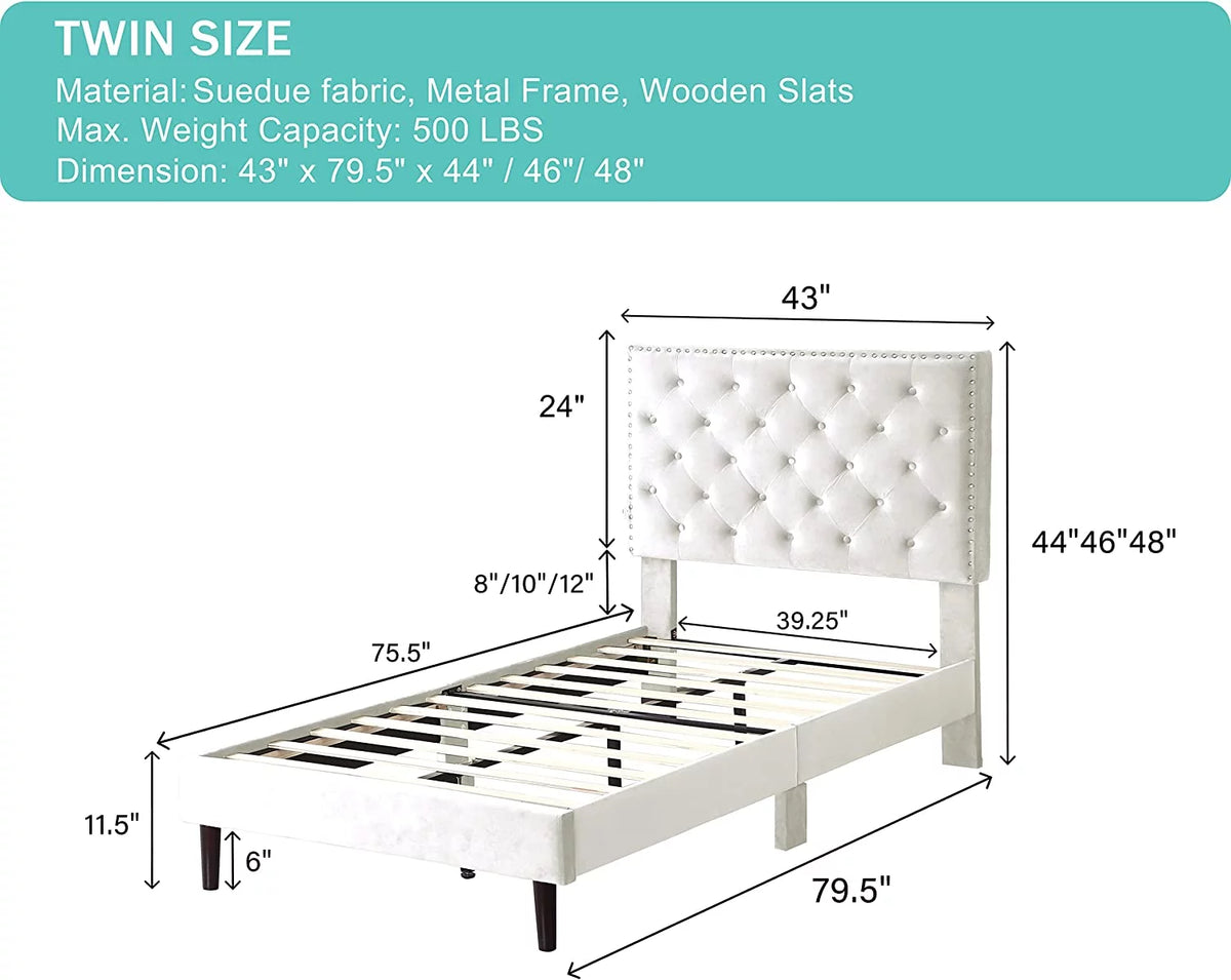 Beige Twin Upholstered Platform Bed Frame with Adjustable Headboard L6442