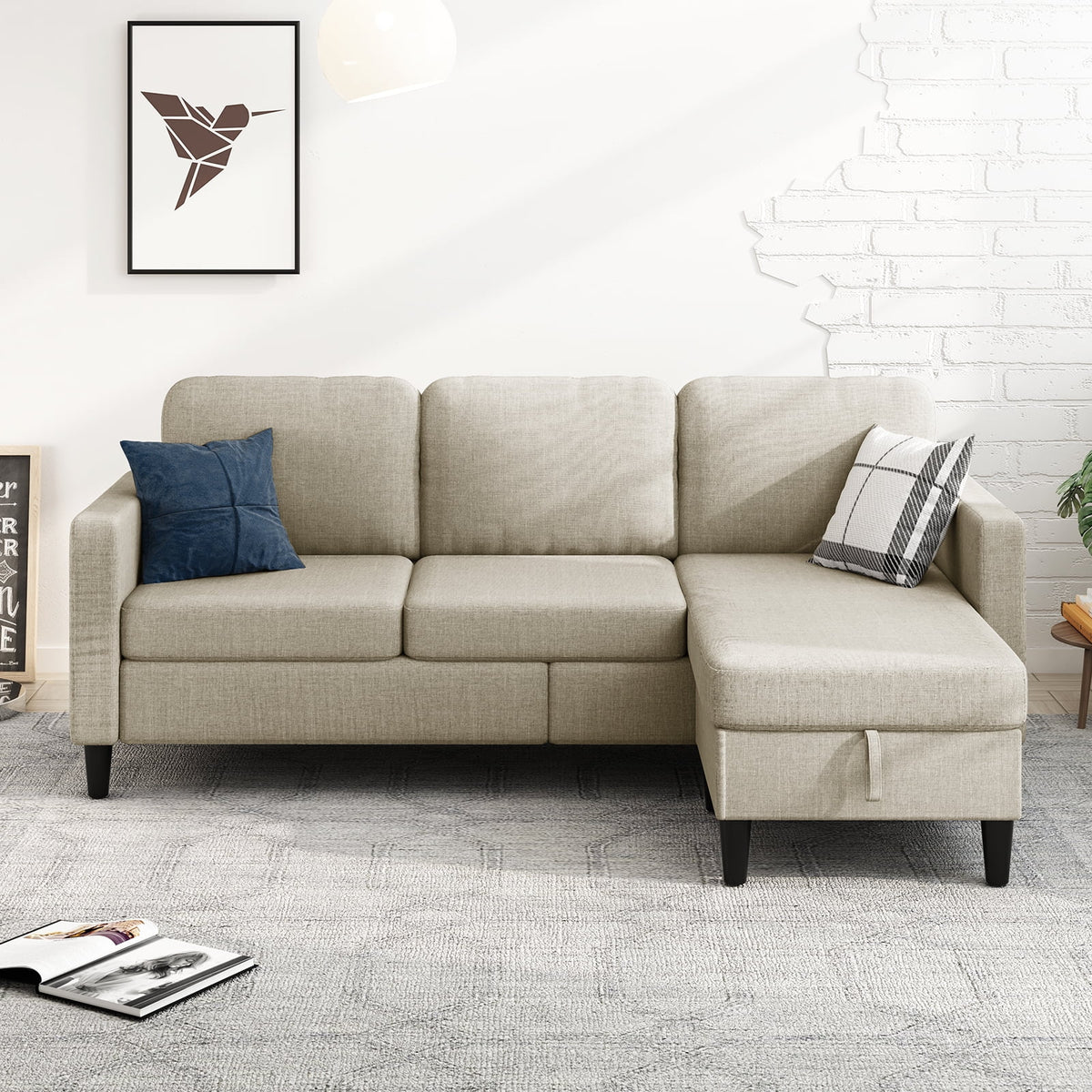 Beige Linen Sectional Sofa with Storage Ottoman W752