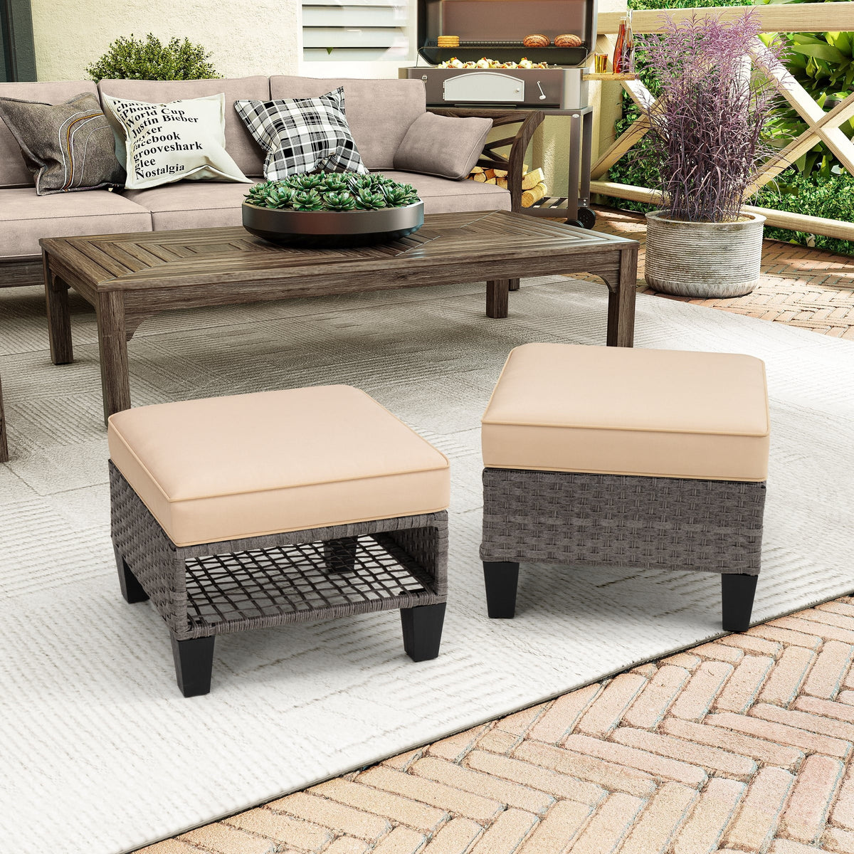 Square Rattan Storage Ottomans Set of 2 with Cushion J9349