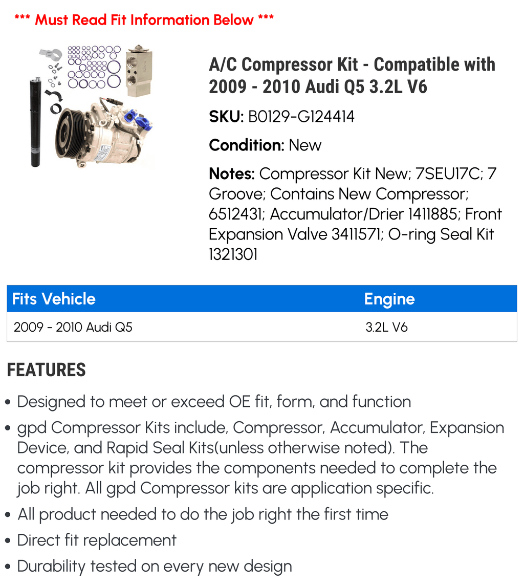 A/C Compressor Kit for 2009-2010 Audi Q5 3.2L V6 D289283