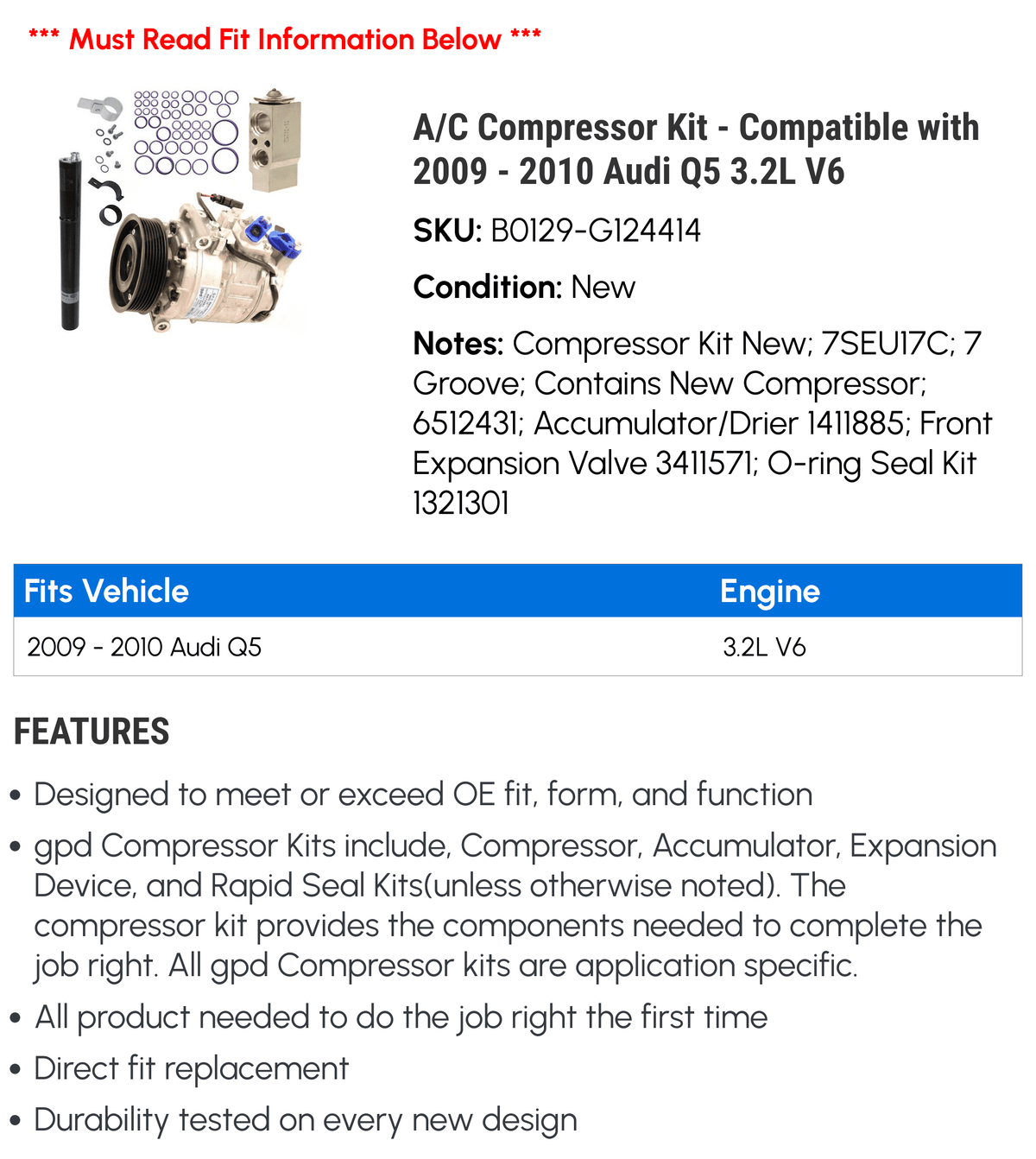 A/C Compressor Kit for 2009-2010 Audi Q5 3.2L V6 D289283