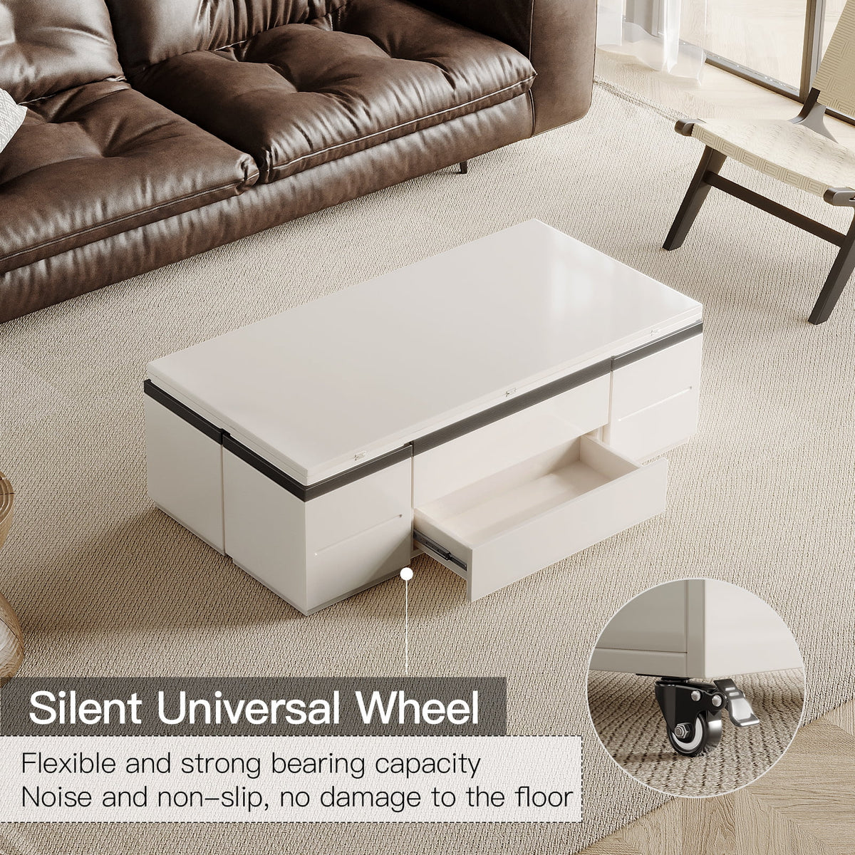 White Lift Top Coffee Table with 4 Stools N645