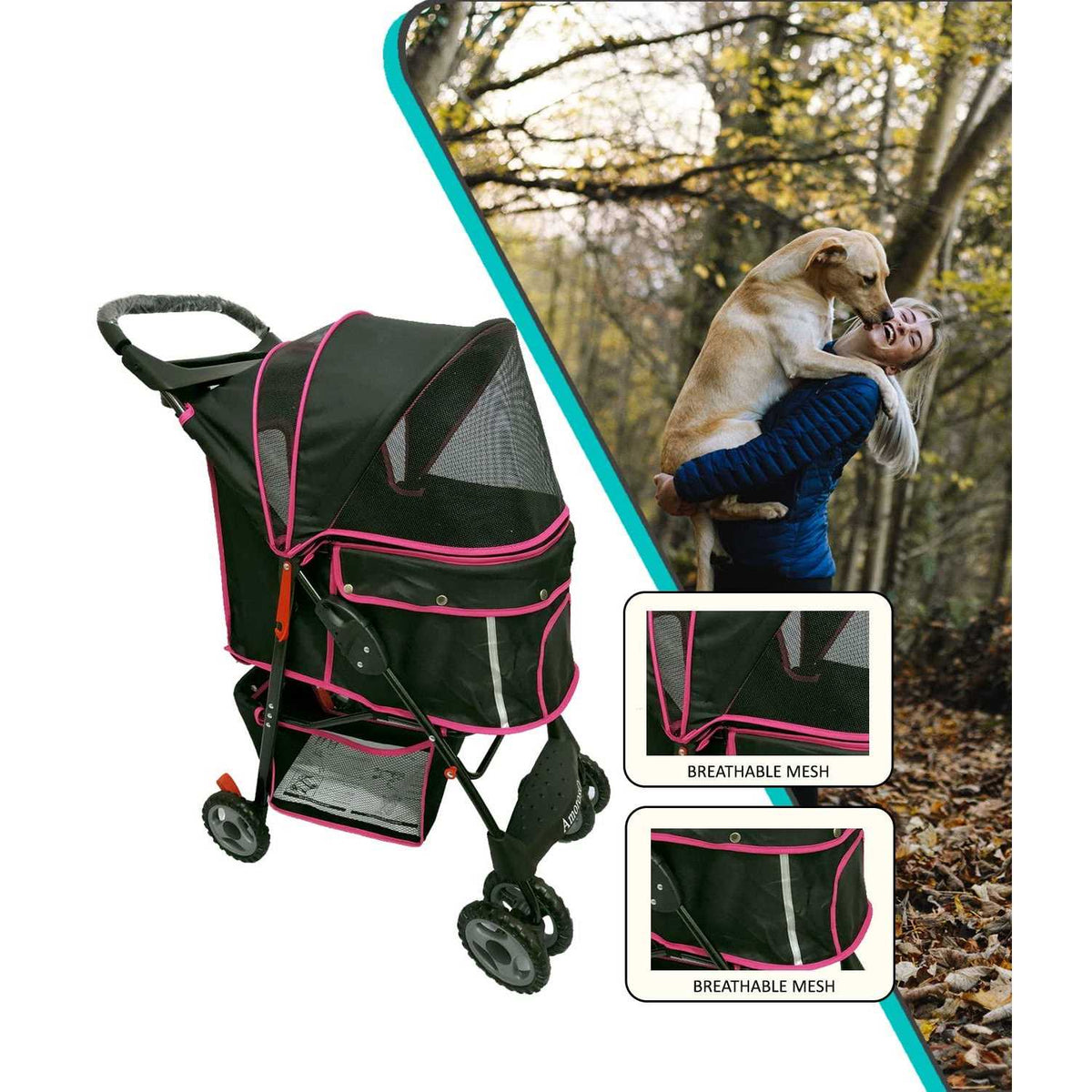 Black Pink Pet Stroller Carrier C43504
