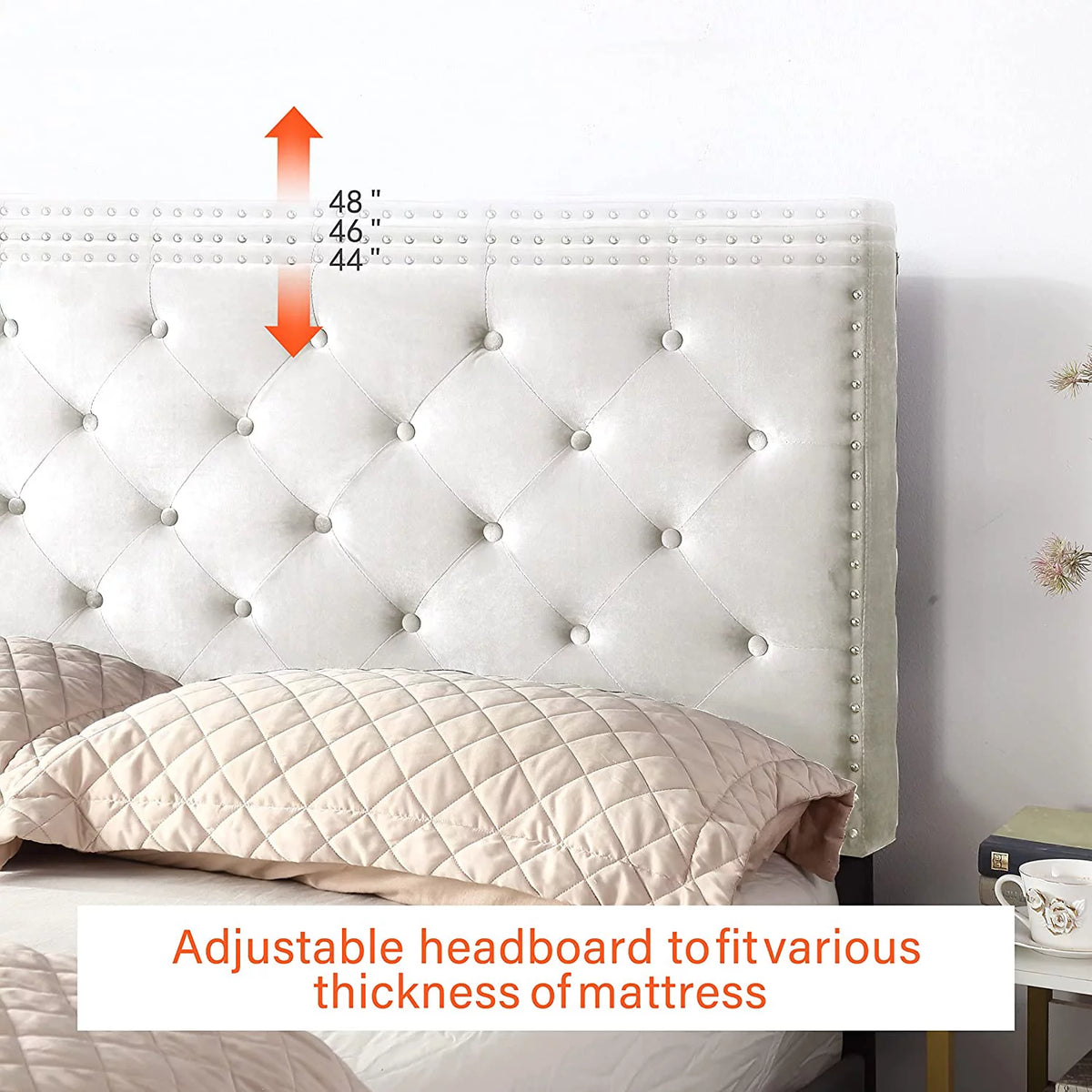 Beige Twin Upholstered Platform Bed Frame with Adjustable Headboard L6442