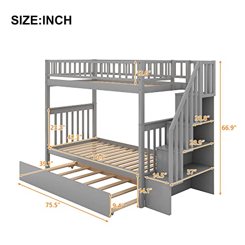 Gray Twin Over Twin Solid Wood Bunk Bed with Stairs and Trundle P711