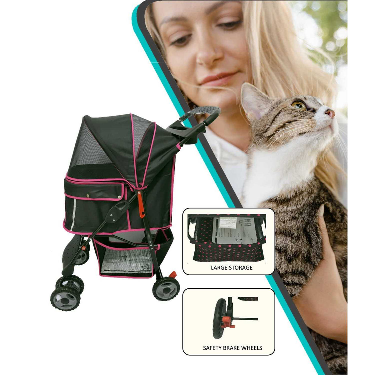 Black Pink Pet Stroller Carrier C43504