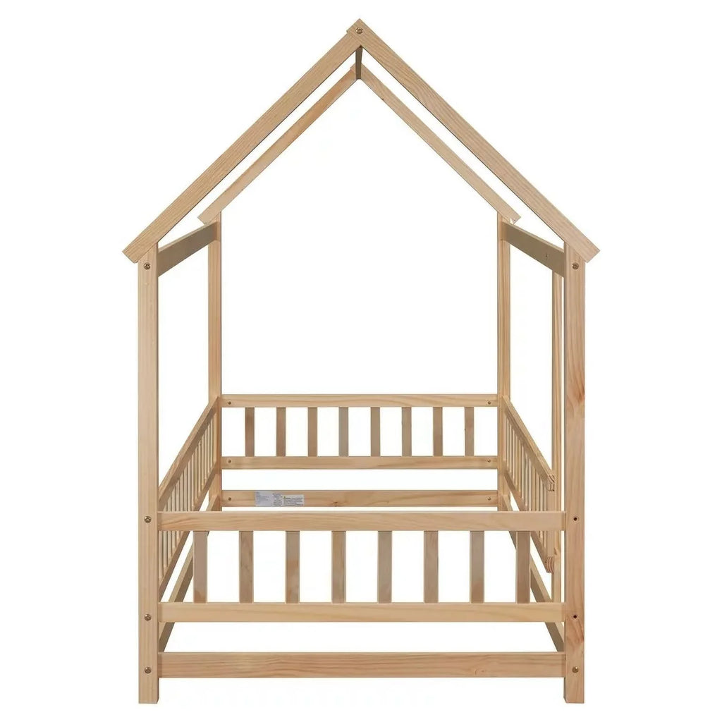 Twin Size Wood House Floor Bed with Fence Guardrails G765