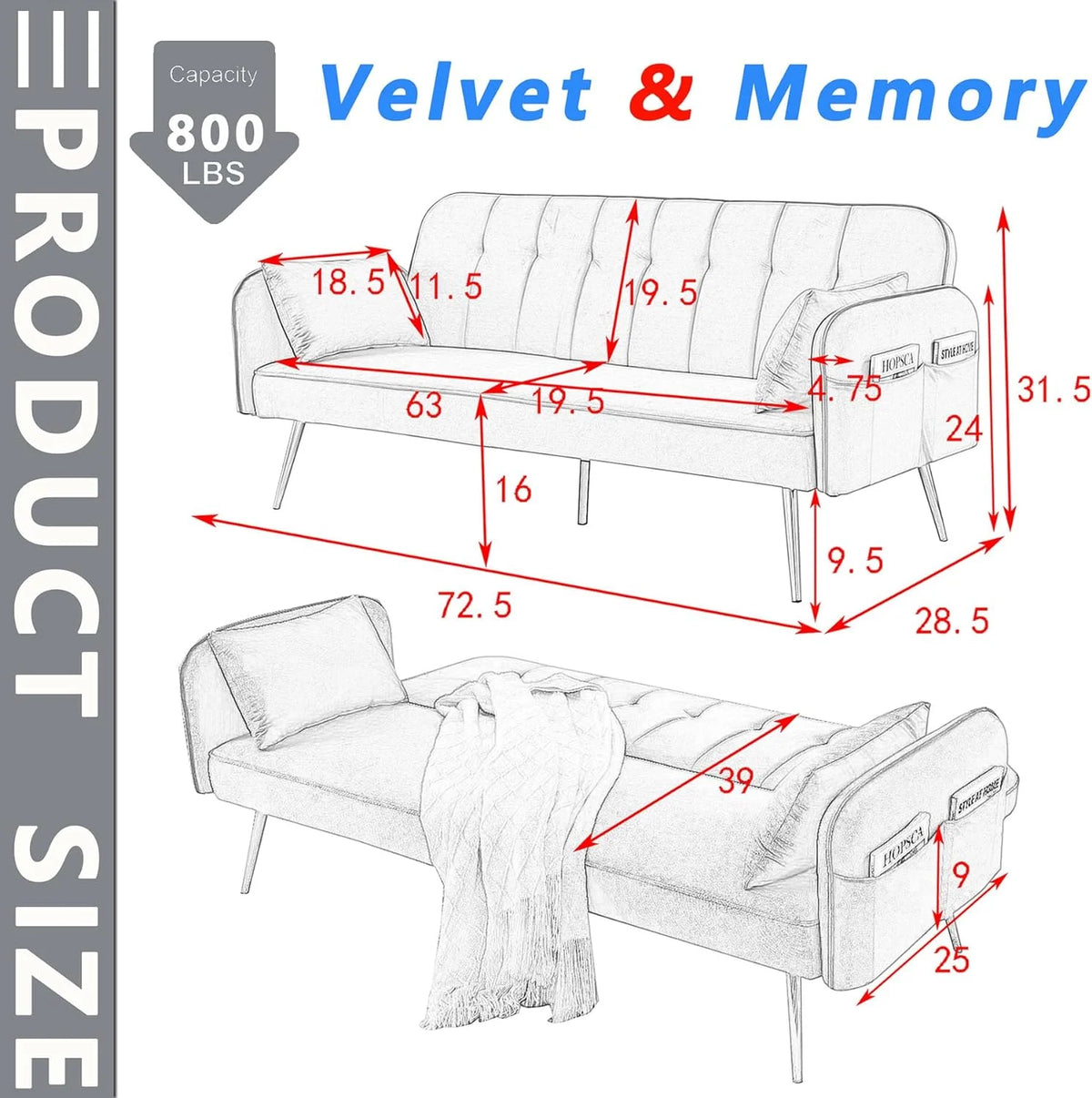 Grey Velvet Convertible Folding Sofa Bed E248700