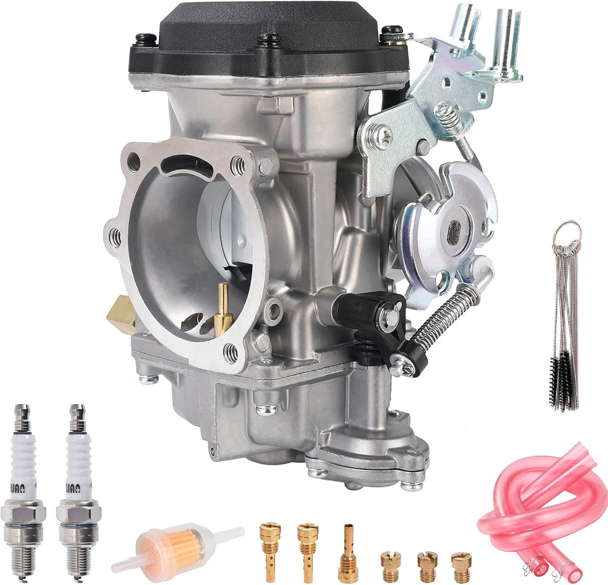 CV40 Carburetor for Harley Davidson HD Sportster XL883 XL1200 Softail Touring Dyna FXR Road King Carb with Fuel Filter 2 Spark Plugs Brush Set Jets Q50554