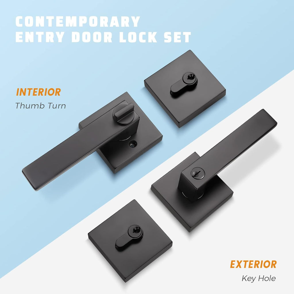 Matte Black Solid Steel Entry Door Handle Set with Deadbolt and Lever, Pack of 2 W486349