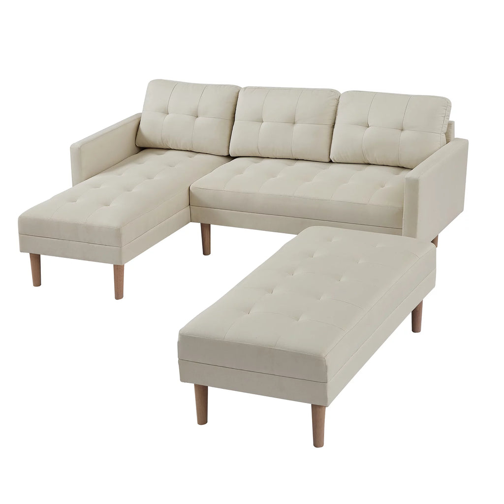 Beige L-shape Sectional Sofa Bed with Ottoman Bench J6114