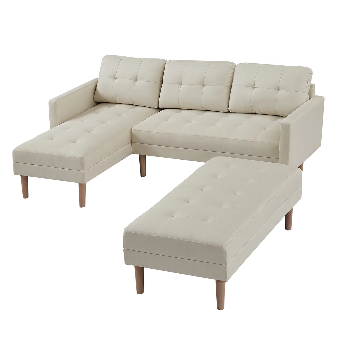 Beige L-shape Sectional Sofa Bed with Ottoman Bench J6114