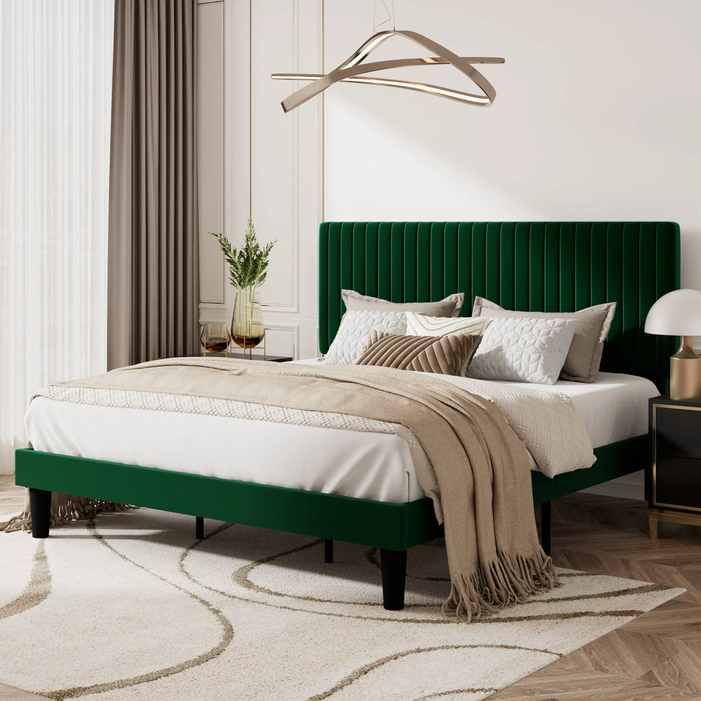 Queen Size Upholstered Platform Bed Frame with Velvet Headboard M2219