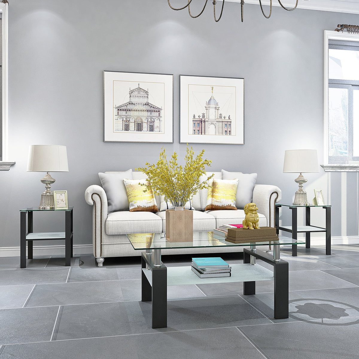 Black Glass Top Metal Frame End Table N3601