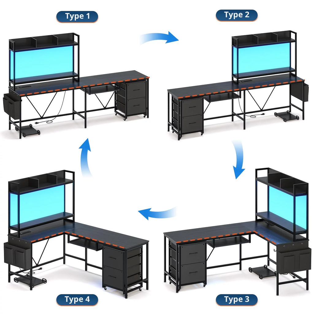 L Shaped Computer Desk with Power Outlet and LED Strip, Black E5590
