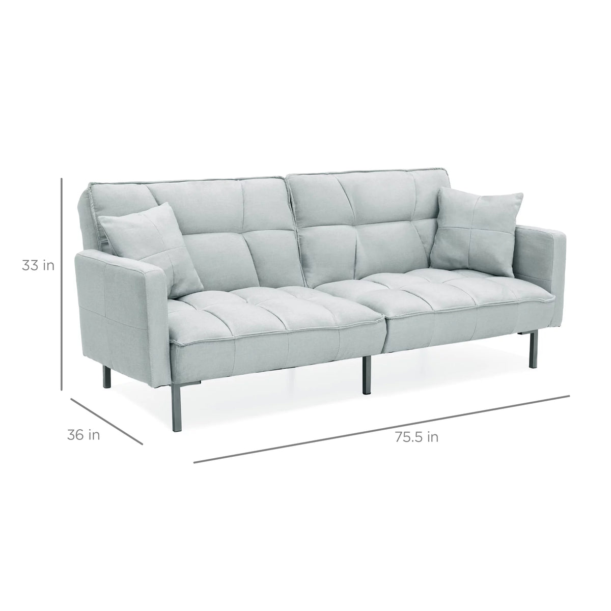 Light Gray Linen Fabric Tufted Split-Back Futon Sofa with 2 Pillows G4897