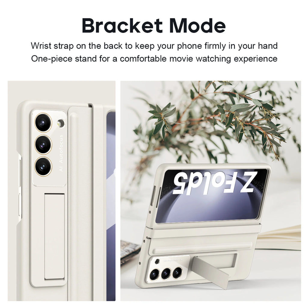 White Ultra Thin Magnetic Kickstand Case with Glass Screen Protector for Samsung Galaxy Z Fold 5 J59236