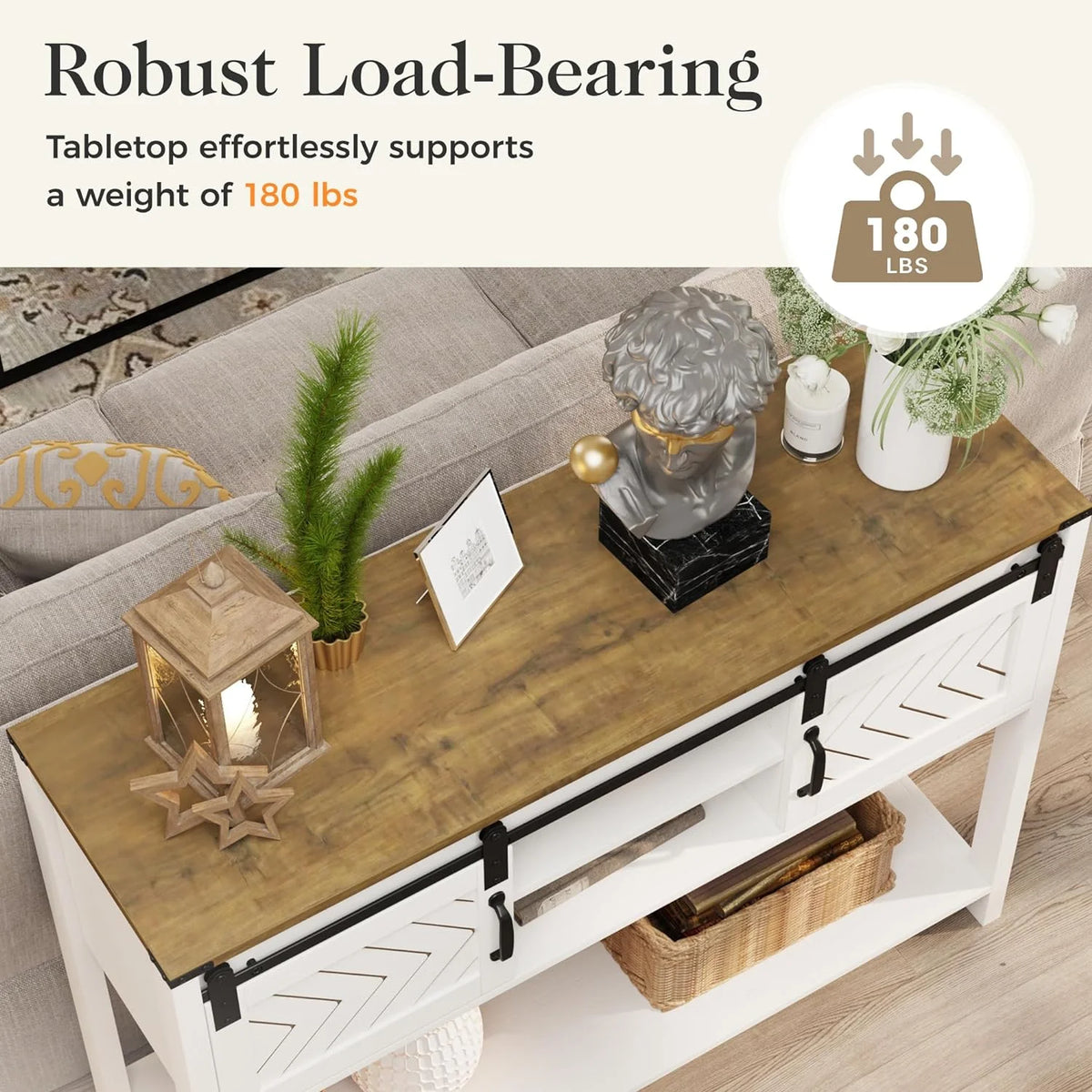 White-Brown Console Table with Sliding Barn Doors T25052