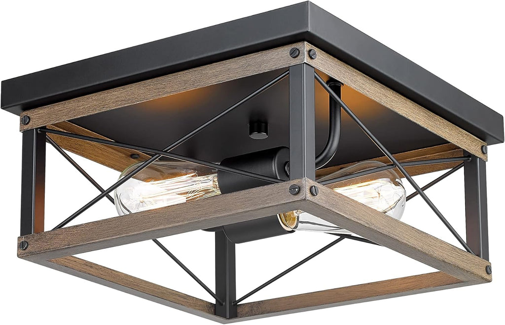 Farmhouse Semi Flush Mount Ceiling Lighting, 2-Light Metal Cage, 13 inches, Wood Grain and Matte Black Finish Z16118
