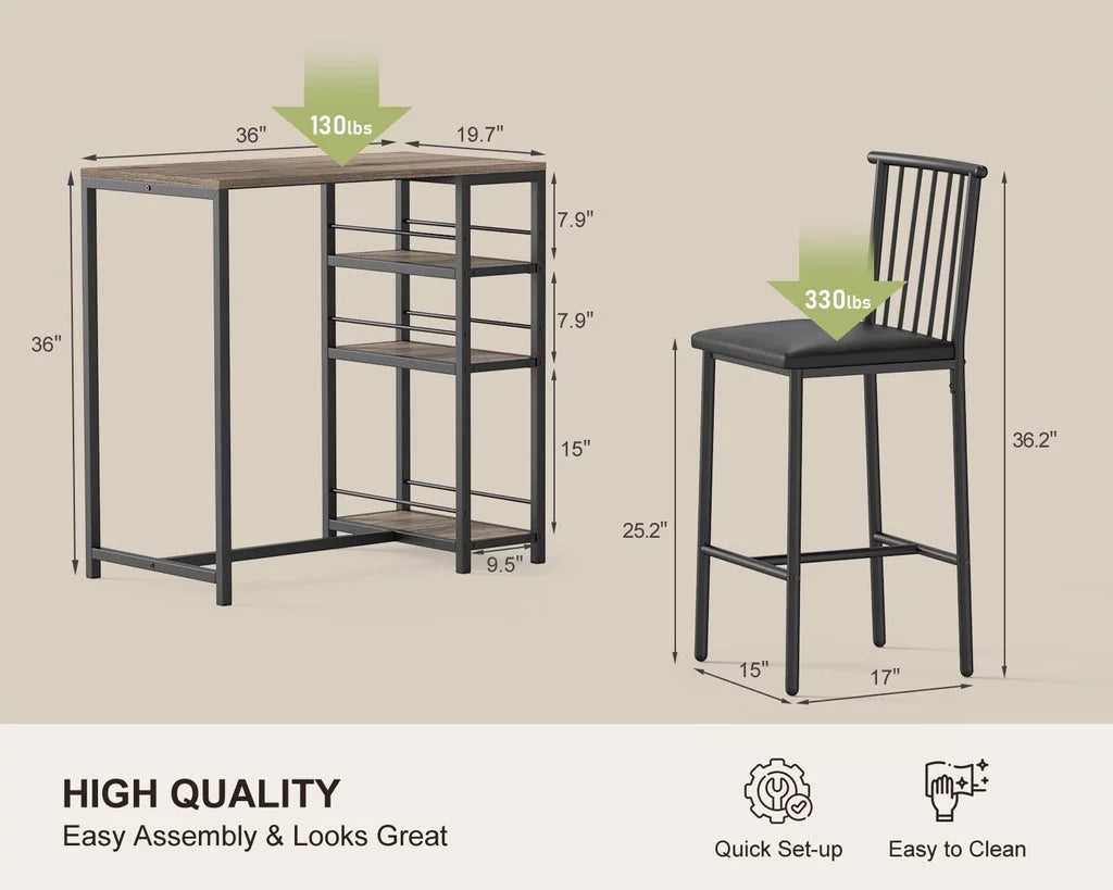 3-Piece Wooden Counter Height Dining Table Set Black E481950
