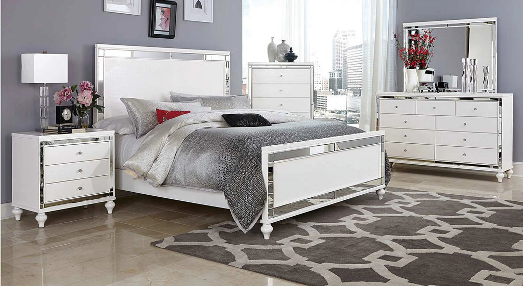 5 Drawer Chest in White Embossed Alligator & Mirror B720