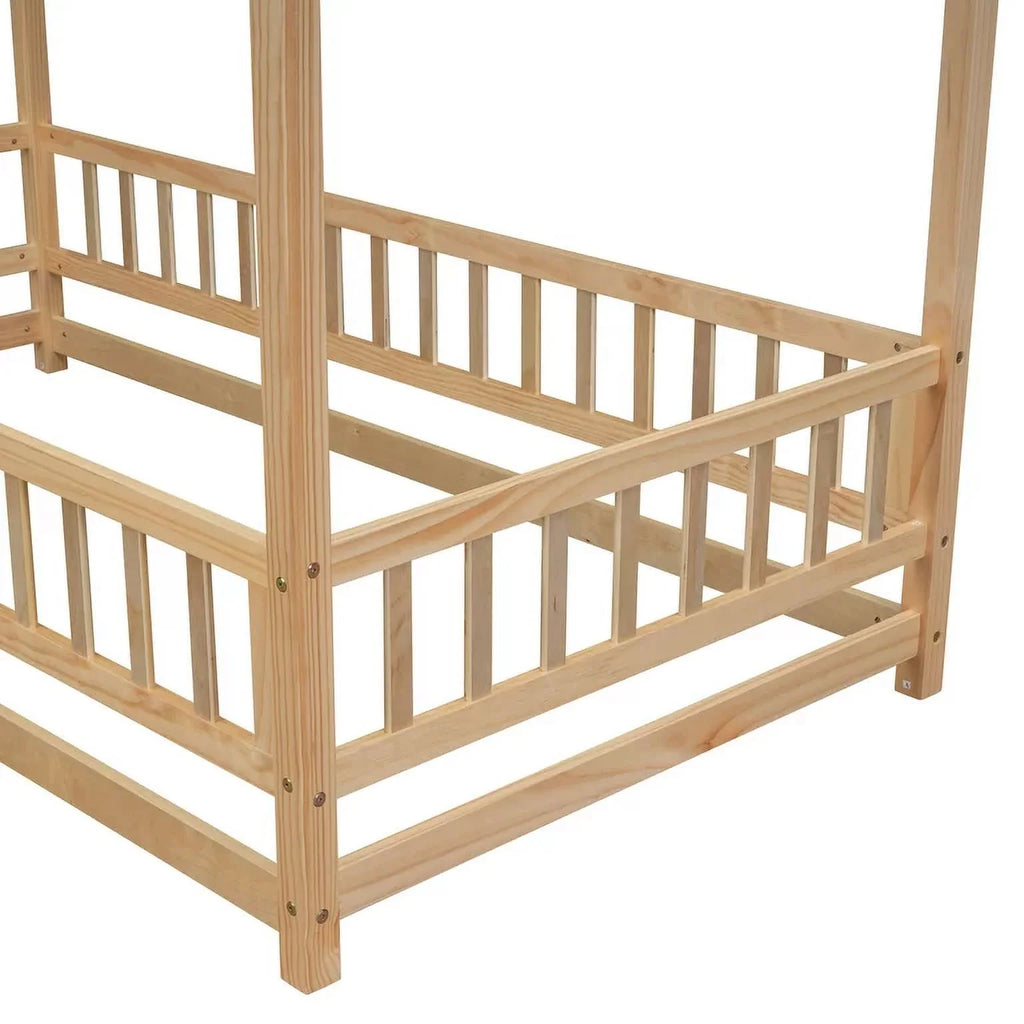 Twin Size Wood House Floor Bed with Fence Guardrails G765
