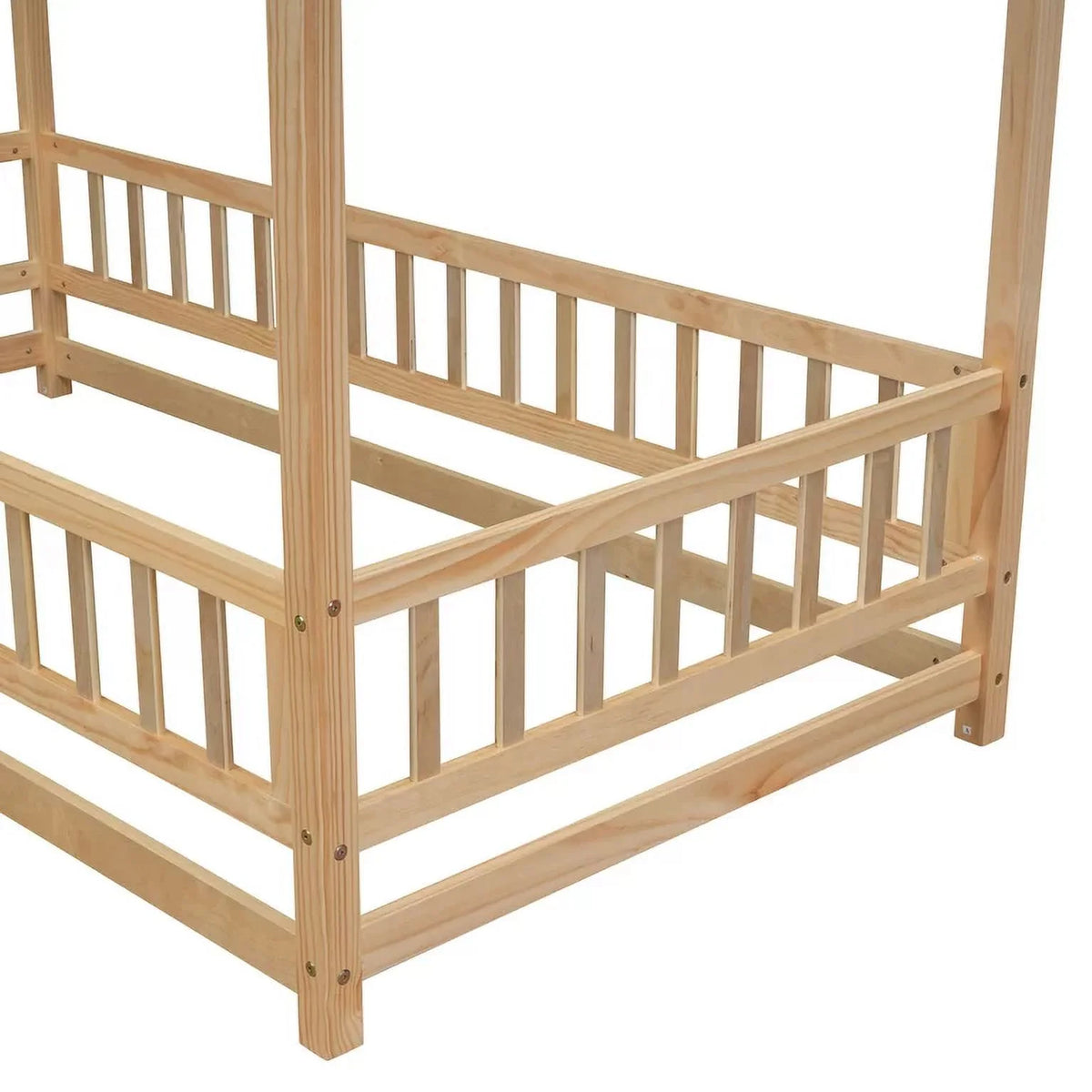 Twin Size Wood House Floor Bed with Fence Guardrails G765