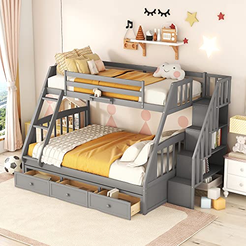 Gray Twin Over Twin Solid Wood Bunk Bed with Stairs and Trundle P711