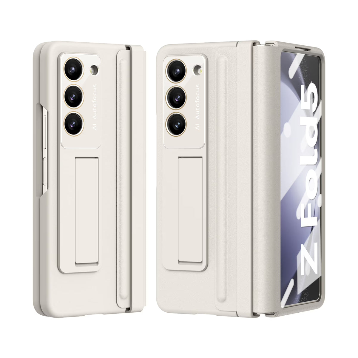 White Ultra Thin Magnetic Kickstand Case with Glass Screen Protector for Samsung Galaxy Z Fold 5 J59236