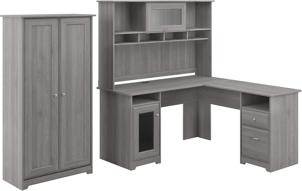 L Shape Desk with Hutch and 2 Door Tall Storage, Gray R117542