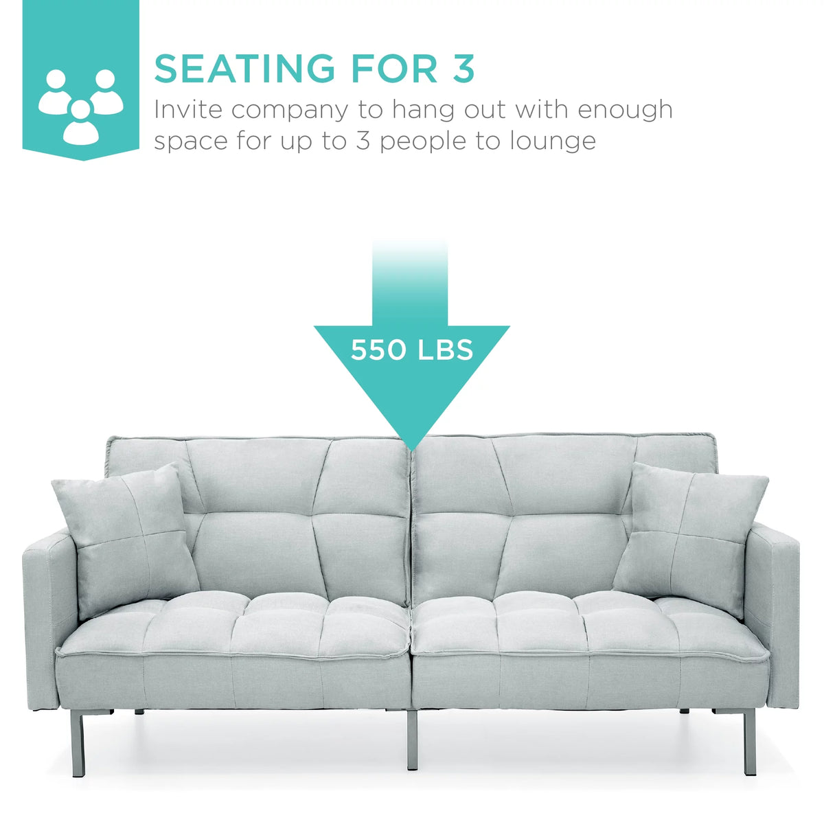 Light Gray Linen Fabric Tufted Split-Back Futon Sofa with 2 Pillows G4897