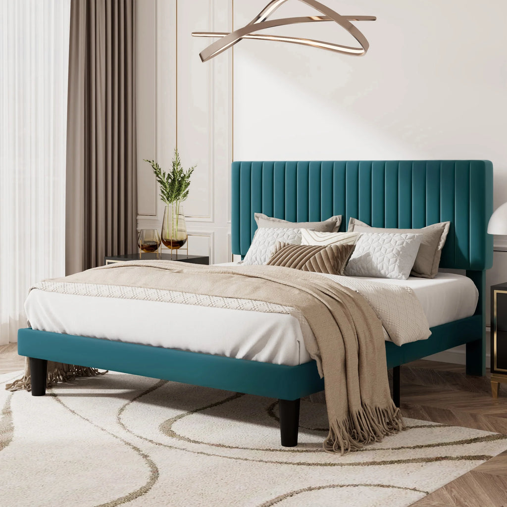 Queen Size Upholstered Platform Bed Frame with Velvet Headboard M2219